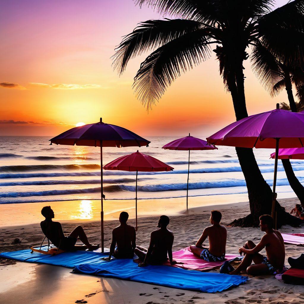 A vibrant beach setting with sun-soaked sand and crashing waves, featuring a diverse group of confident men enjoying themselves, lounging under colorful umbrellas, reading erotic literature. Incorporate elements of sensuality, like flirtatious glances and playful interactions amidst beach volleyball and surfboards. The sky should be a breathtaking blend of sunset hues to evoke a feeling of freedom and desire. super-realistic. vibrant colors. beach culture.
